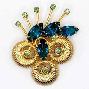 Vintage Green Uranium Glass Stones Unsigned Brooch Teal Marquise Glass Stones